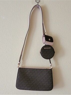 Michael Kors Brown MK Logo Crossbody with Light Pink Trim and Coin Pouch